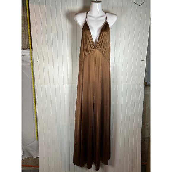 Vtg Hippie 70s Style Very Wide Legged Brown Jumpsuit Halter Back Babydoll Sz M - Picture 1 of 11